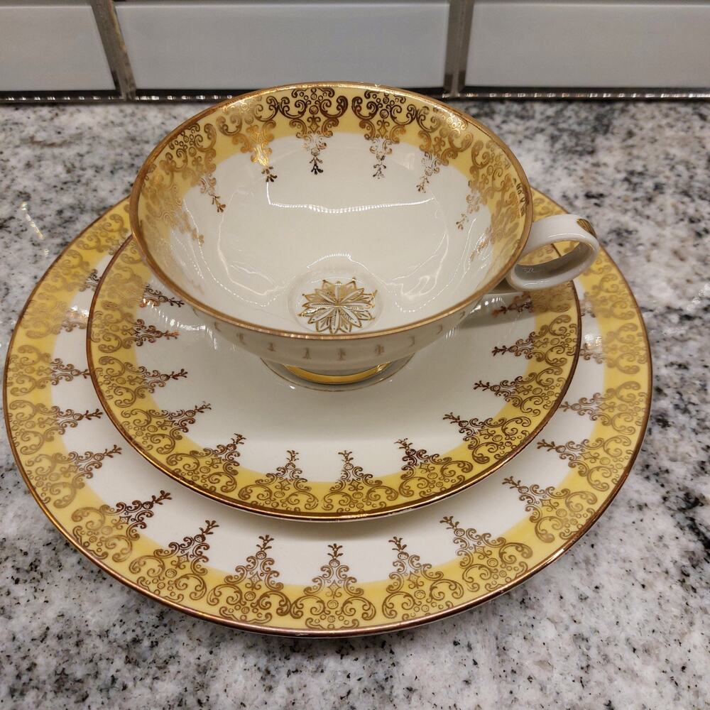 Schlottenhof Bavaria Vintage Porcelain Tea Trio Set Cup Saucer Plate Gold
